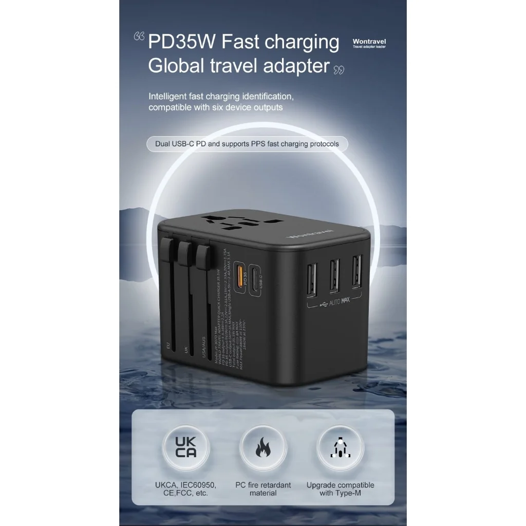 Universal Travel Charger & Adaptor JY-307 MAX 35.5W PD + Type C + 3 Port USB